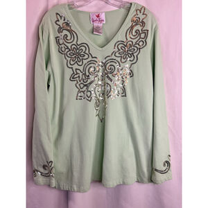 The Quacker Factory Women’s XL Top Shirt Pale Green Sequin Design Summer Cruise